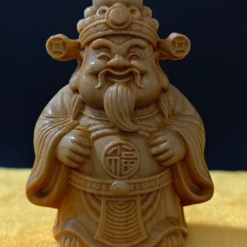 Ciparska drvena rezba: Bog bogatstva, sreće i dugovječnosti, redovnik sa zlatnom kofa, drveni stolni ukras