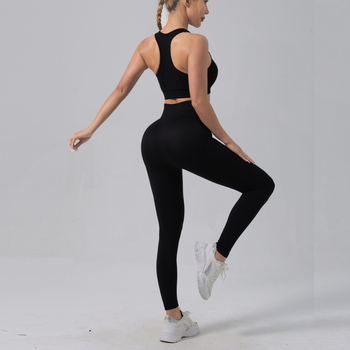 Bezšivni sportski top s umetkom za grudi i hlače visokog struka od elastičnog materijala za fitness i jogu – dvodijelni set