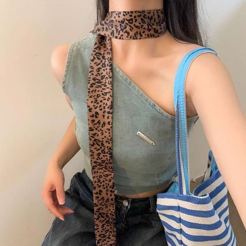 Ženski dugi šal s leopard uzorkom u američkom retro stilu, 2025 novi model, elegantan i svestran, tanak uzak šal za vrat