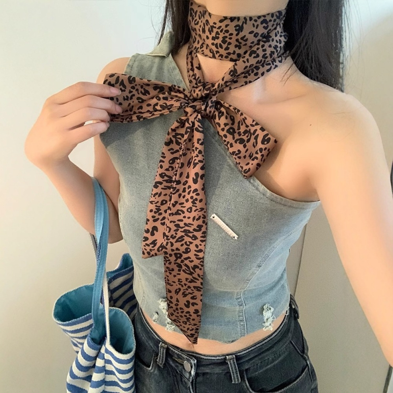 Ženski dugi šal s leopard uzorkom u američkom retro stilu, 2025 novi model, elegantan i svestran, tanak uzak šal za vrat
