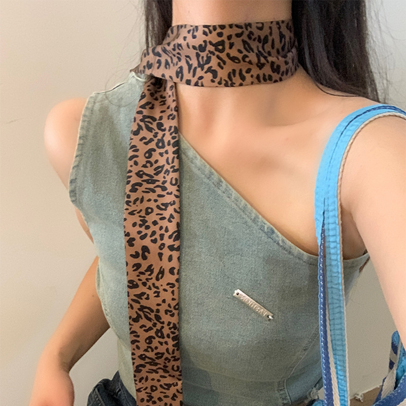 Ženski dugi šal s leopard uzorkom u američkom retro stilu, 2025 novi model, elegantan i svestran, tanak uzak šal za vrat