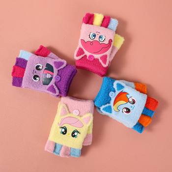 Dječje rukavice s polufingrom i preklopom, pletene, unisex, za djecu 5-12 godina, motiv Pony, dopaminska boja
