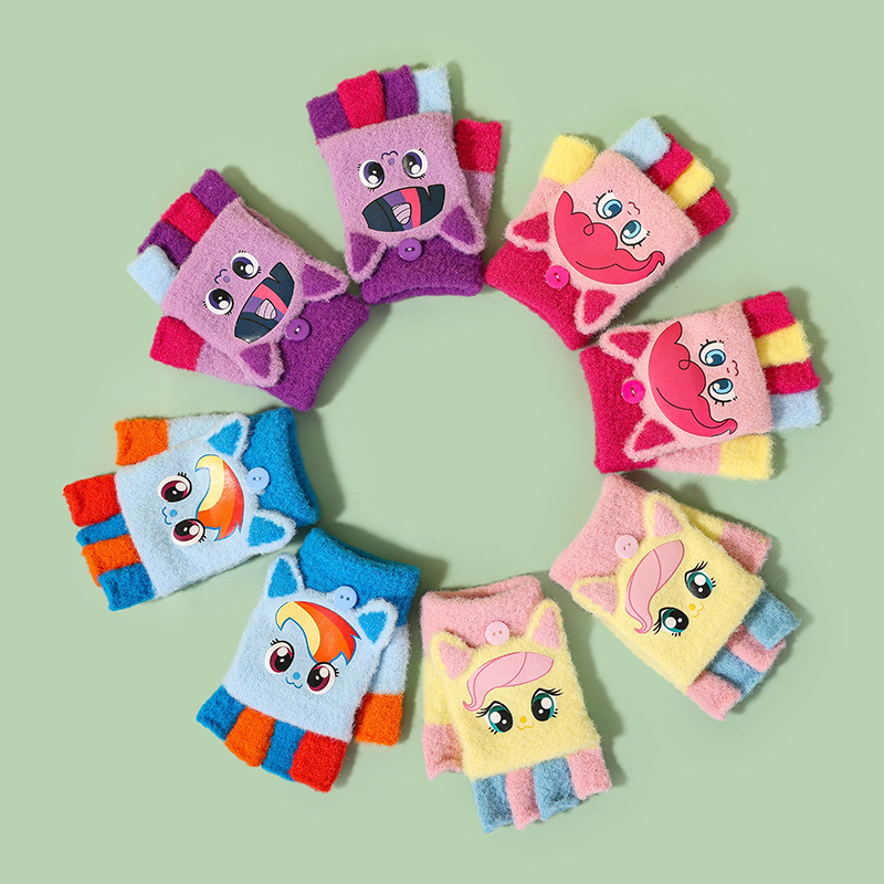 Dječje rukavice s polufingrom i preklopom, pletene, unisex, za djecu 5-12 godina, motiv Pony, dopaminska boja