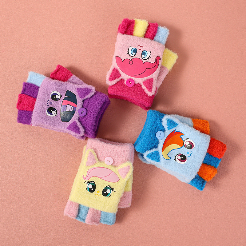 Dječje rukavice s polufingrom i preklopom, pletene, unisex, za djecu 5-12 godina, motiv Pony, dopaminska boja
