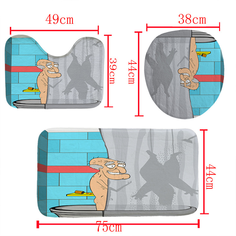 Set de baie din trei piese: perdea de duș din poliester impermeabilă cu imprimare 3D de tip desen animat, covoraș de baie și covoraș pentru toaletă