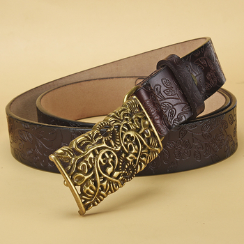Ženski kožni kaiš s graviranom dekorom, vintage stil, dvostruka krava koža, kvadratna kopča, reljefna obrada, širina 2–4 cm, duljina 105–115 cm