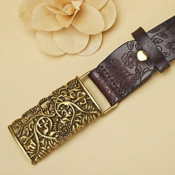 Ženski kožni kaiš s graviranom dekorom, vintage stil, dvostruka krava koža, kvadratna kopča, reljefna obrada, širina 2–4 cm, duljina 105–115 cm