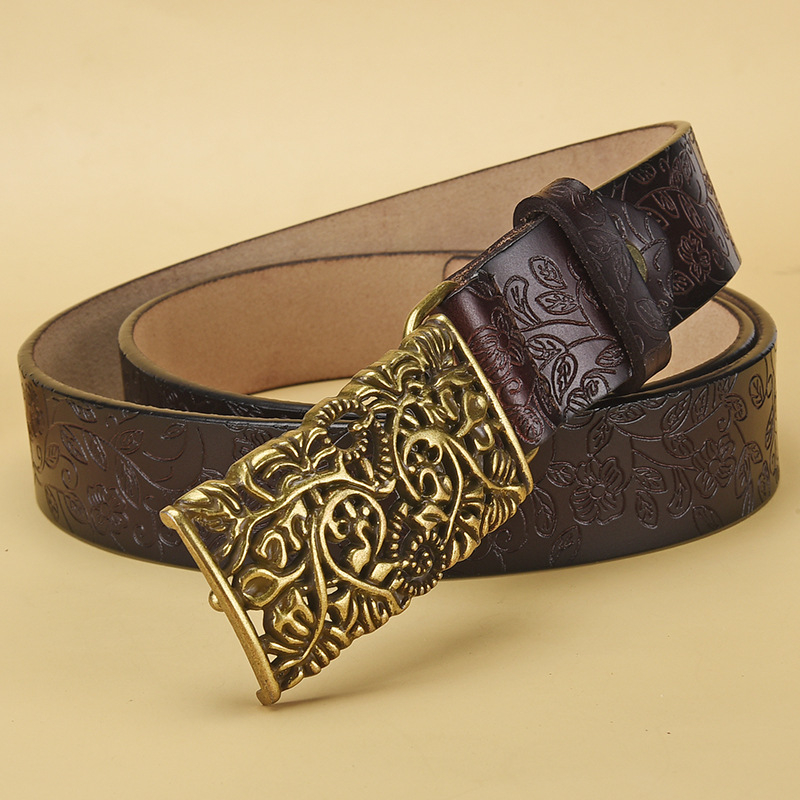 Ženski kožni kaiš s graviranom dekorom, vintage stil, dvostruka krava koža, kvadratna kopča, reljefna obrada, širina 2–4 cm, duljina 105–115 cm