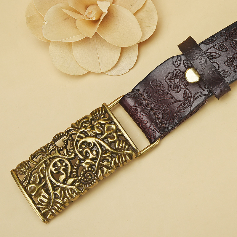 Ženski kožni kaiš s graviranom dekorom, vintage stil, dvostruka krava koža, kvadratna kopča, reljefna obrada, širina 2–4 cm, duljina 105–115 cm