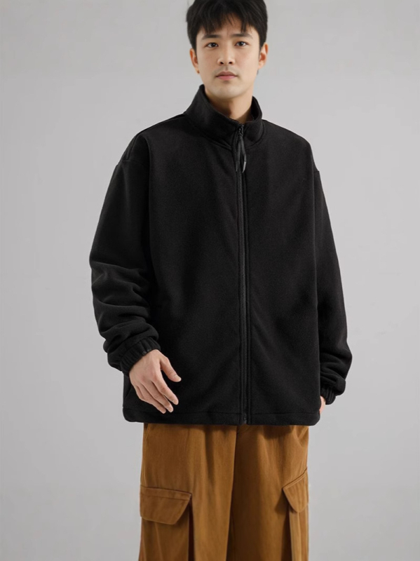 Férfi polár fleece felső magas gallérral, zipzárral, lazább szabás, kétoldalas fleece