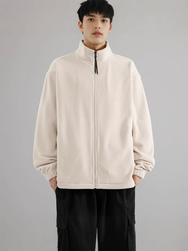 Férfi polár fleece felső magas gallérral, zipzárral, lazább szabás, kétoldalas fleece