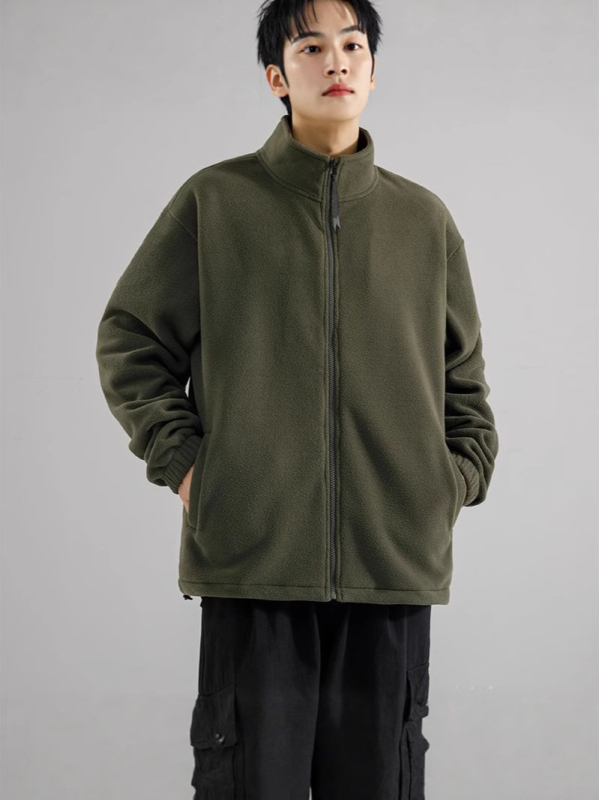Férfi polár fleece felső magas gallérral, zipzárral, lazább szabás, kétoldalas fleece