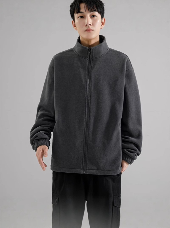 Férfi polár fleece felső magas gallérral, zipzárral, lazább szabás, kétoldalas fleece