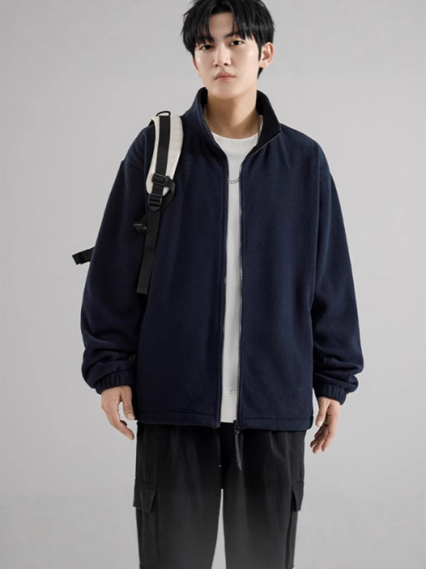 Férfi polár fleece felső magas gallérral, zipzárral, lazább szabás, kétoldalas fleece