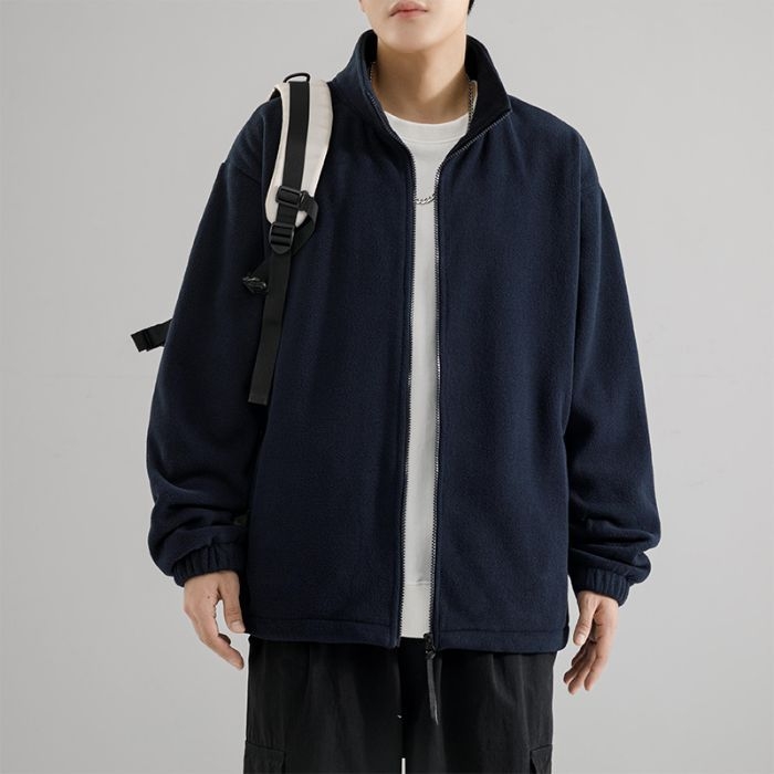 Férfi polár fleece felső magas gallérral, zipzárral, lazább szabás, kétoldalas fleece
