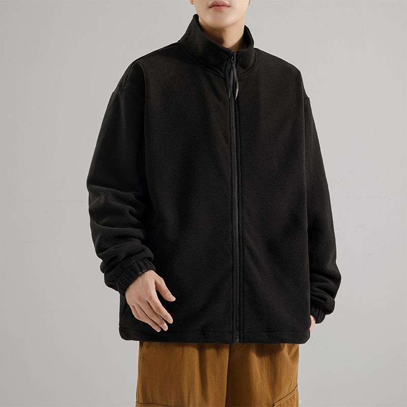 Férfi polár fleece felső magas gallérral, zipzárral, lazább szabás, kétoldalas fleece