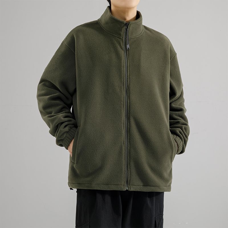 Férfi polár fleece felső magas gallérral, zipzárral, lazább szabás, kétoldalas fleece