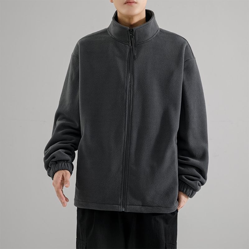 Férfi polár fleece felső magas gallérral, zipzárral, lazább szabás, kétoldalas fleece