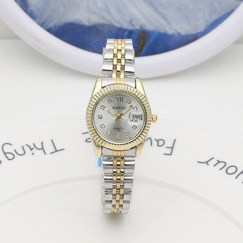 Ženski kvarcni sat s okruglim kućištem, zlatni ton, metalna narukvica i bezel s kristalima — model 8695