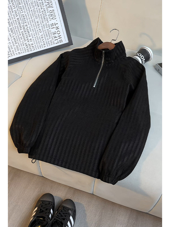 Siva muška majica s pola zipom, dugi rukav, američki stil, boxy kroj, kratka duljina za proljeće