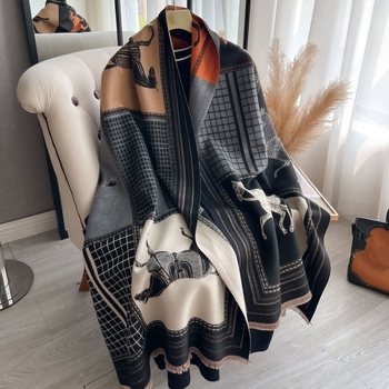 Șal unisex de iarnă din casmir artificial, cu două moduri de purtare, tricot plasă și accente în culori contrastante