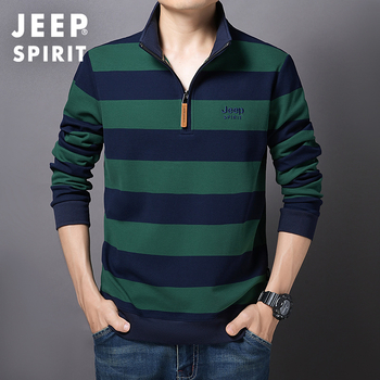 Jeepspirit 2025 muška majica s poluzipom od 100% pamuka, jesenski prugasti model s dugim rukavima i stojećim ovratnikom, svakodnevni osnovni komad 2039