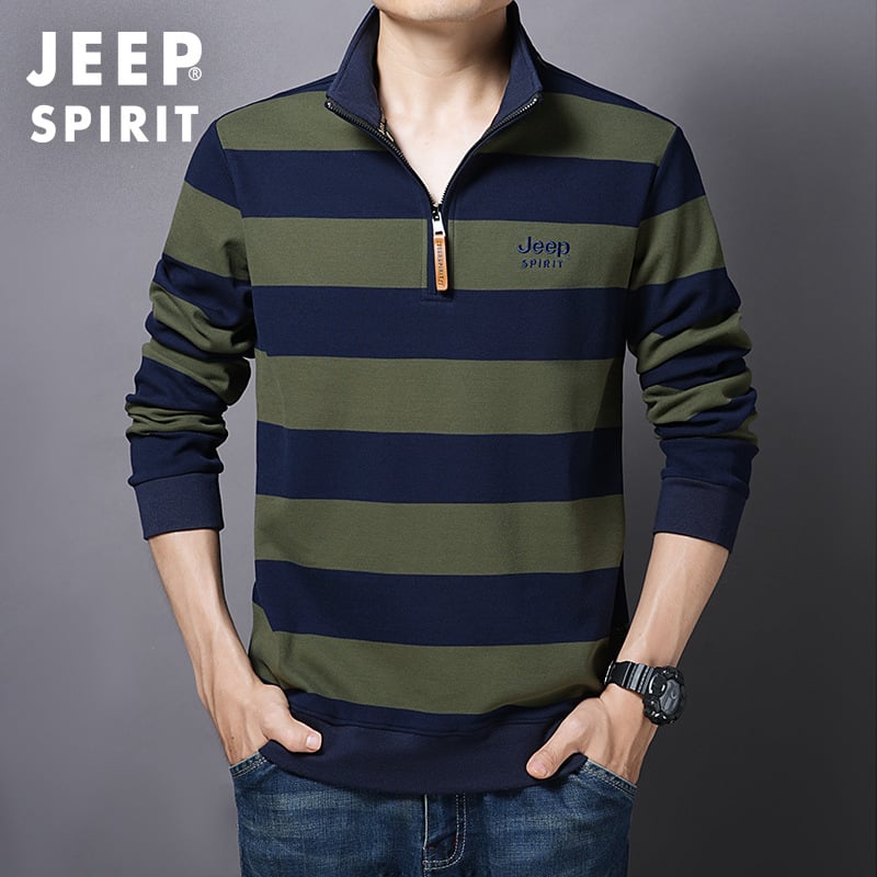 Jeepspirit 2025 muška majica s poluzipom od 100% pamuka, jesenski prugasti model s dugim rukavima i stojećim ovratnikom, svakodnevni osnovni komad 2039