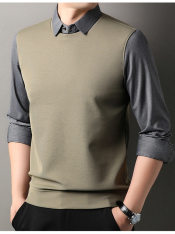 Férfi hosszú ujjú kötött felső hamis kétréteg hatással, laza szabás