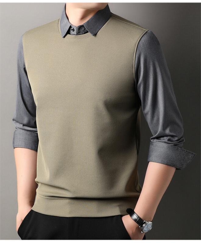 Férfi hosszú ujjú kötött felső hamis kétréteg hatással, laza szabás
