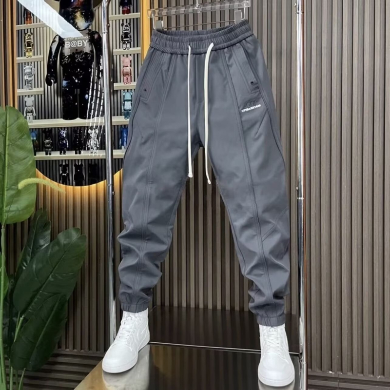 2024 téli férfi patchwork fleece-bélelt sportos nadrág, lazán szabott, gumírozott szár