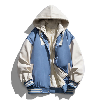 Férfi fleece-bevonatú téli vastag sportdzseki kapucnival, baseball-stílus, egyszínű, Hongkong-stílus