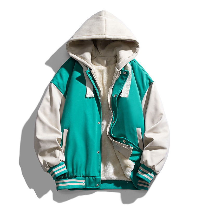 Férfi fleece-bevonatú téli vastag sportdzseki kapucnival, baseball-stílus, egyszínű, Hongkong-stílus