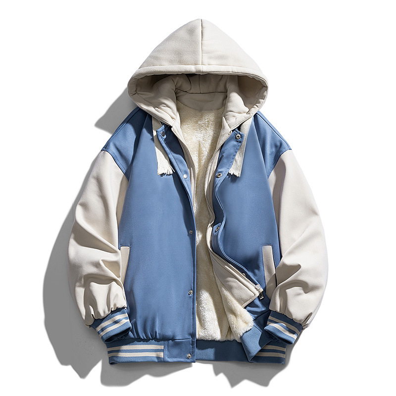 Férfi fleece-bevonatú téli vastag sportdzseki kapucnival, baseball-stílus, egyszínű, Hongkong-stílus