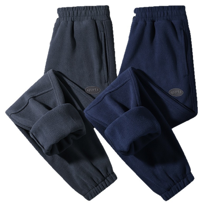 Férfi téli fleece-béléssel ellátott sportnadrág, kényelmes, egyenes szabású, zsebes