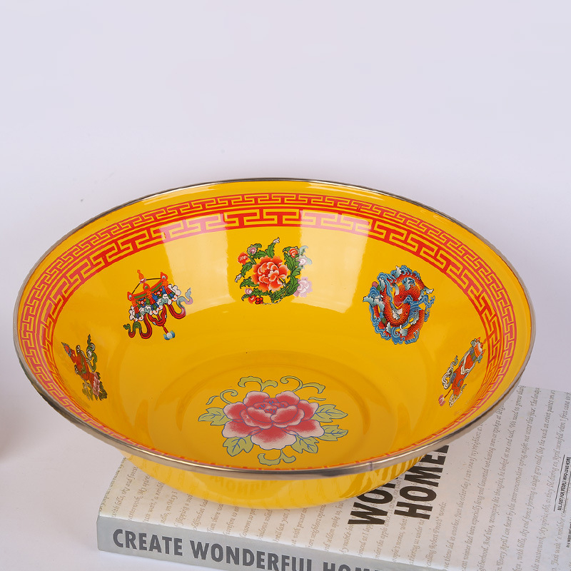 Emajlirani umivaonik s tibetanskim etničkim uzorkom, vintage stil, žuti motiv osam blaga