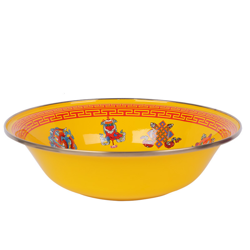 Emajlirani umivaonik s tibetanskim etničkim uzorkom, vintage stil, žuti motiv osam blaga