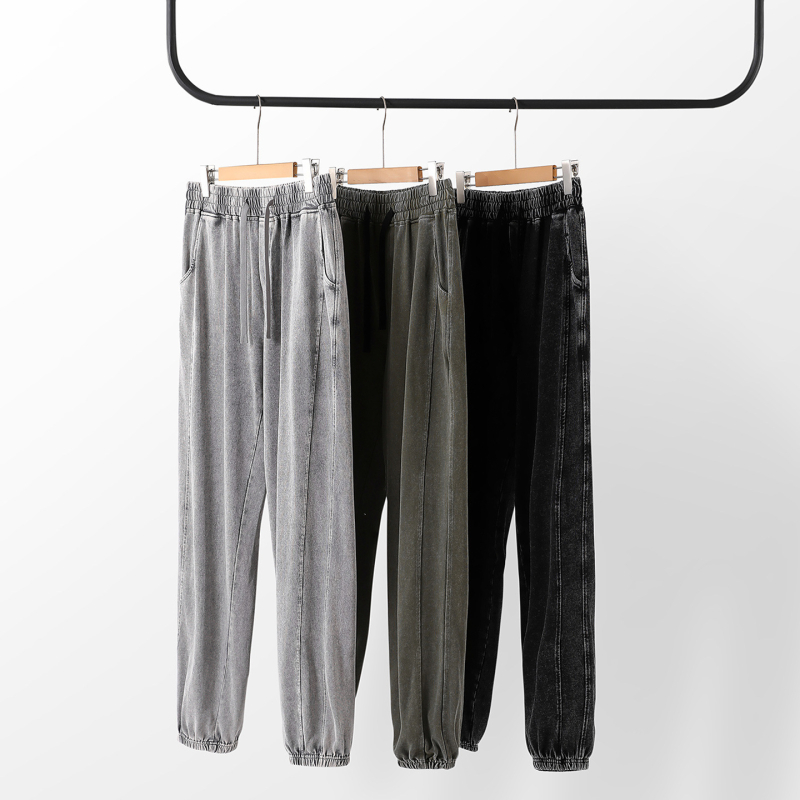 Muške trenirke hlače od 100% pamuka, 300 g, oprane i izlizane, dvostruko vlakno, američki retro stil, širok kroj, uski završetak nogavica
