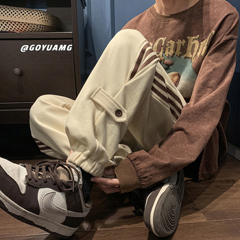 Chen Shida muške oversize sportske hlače, sive-bijele, korejski streetwear stil, proljetne sportske hlače
