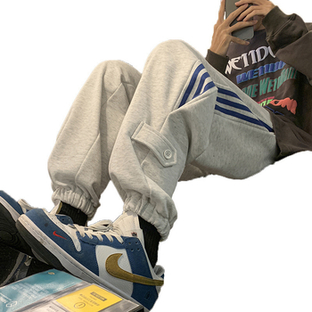 Chen Shida muške oversize sportske hlače, sive-bijele, korejski streetwear stil, proljetne sportske hlače