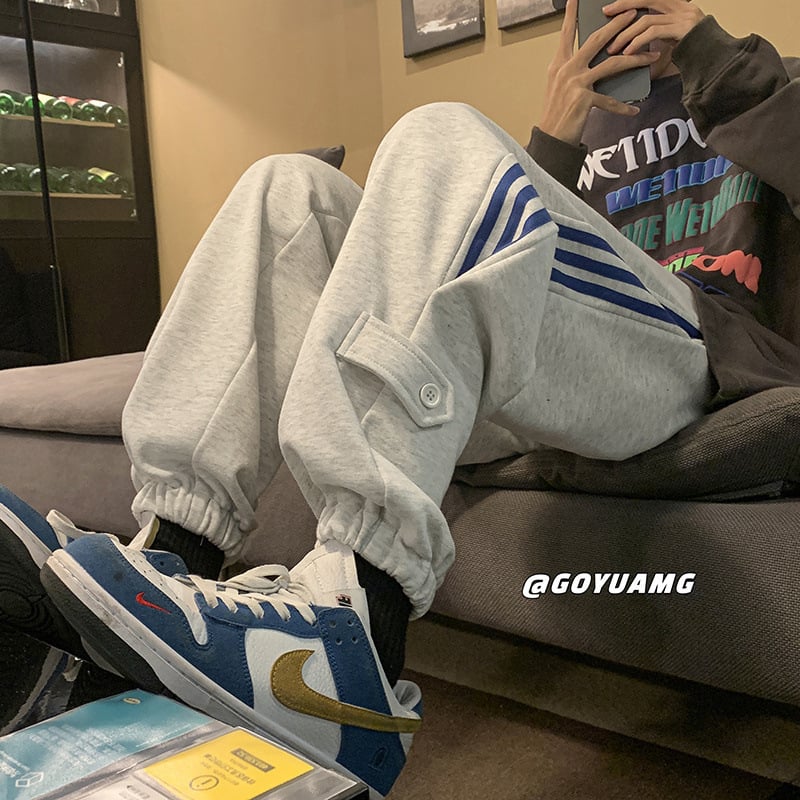 Chen Shida muške oversize sportske hlače, sive-bijele, korejski streetwear stil, proljetne sportske hlače