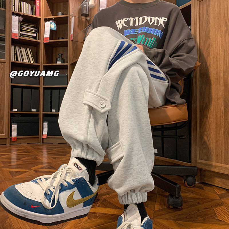 Chen Shida muške oversize sportske hlače, sive-bijele, korejski streetwear stil, proljetne sportske hlače