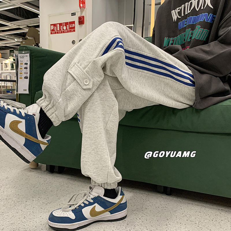 Chen Shida muške oversize sportske hlače, sive-bijele, korejski streetwear stil, proljetne sportske hlače