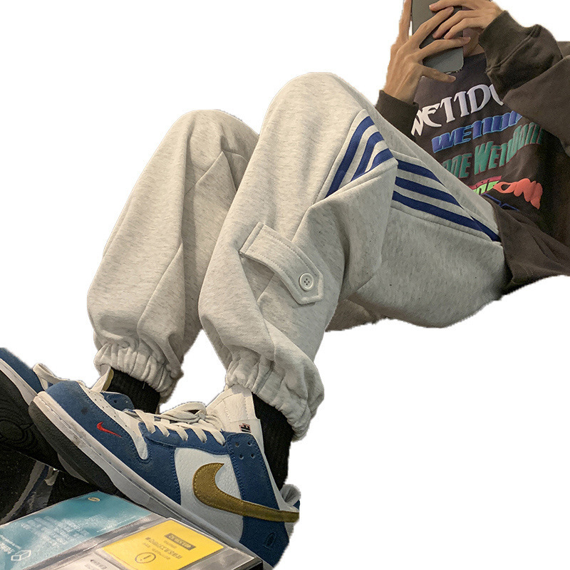 Chen Shida muške oversize sportske hlače, sive-bijele, korejski streetwear stil, proljetne sportske hlače