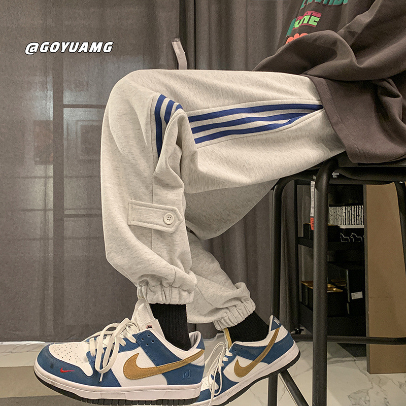 Chen Shida muške oversize sportske hlače, sive-bijele, korejski streetwear stil, proljetne sportske hlače