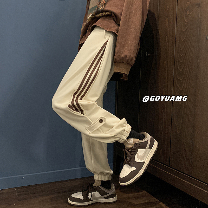 Chen Shida muške oversize sportske hlače, sive-bijele, korejski streetwear stil, proljetne sportske hlače