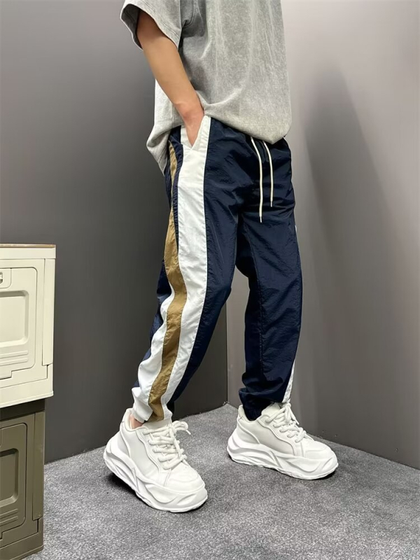 Muške široke ljetne hlače za brzo sušenje, s prugama i patchwork detaljima, jogger stil
