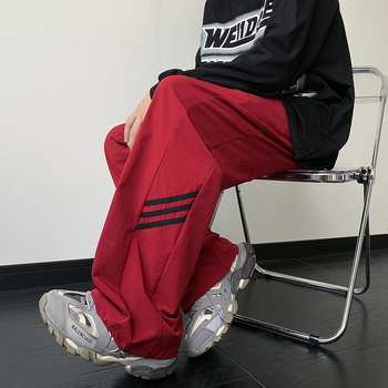 Muške sportske hlače s vezicom i prugama, opuštenog ravnog kroja, casual, Ice Silk tkanina, za proljeće i ljeto