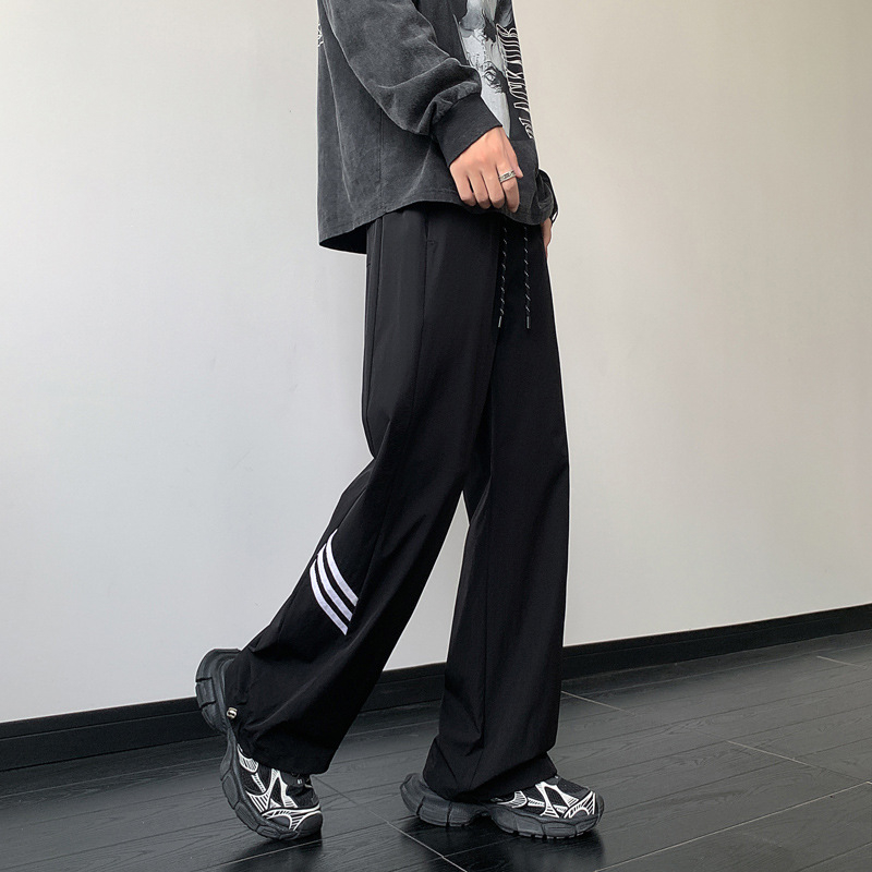 Muške sportske hlače s vezicom i prugama, opuštenog ravnog kroja, casual, Ice Silk tkanina, za proljeće i ljeto