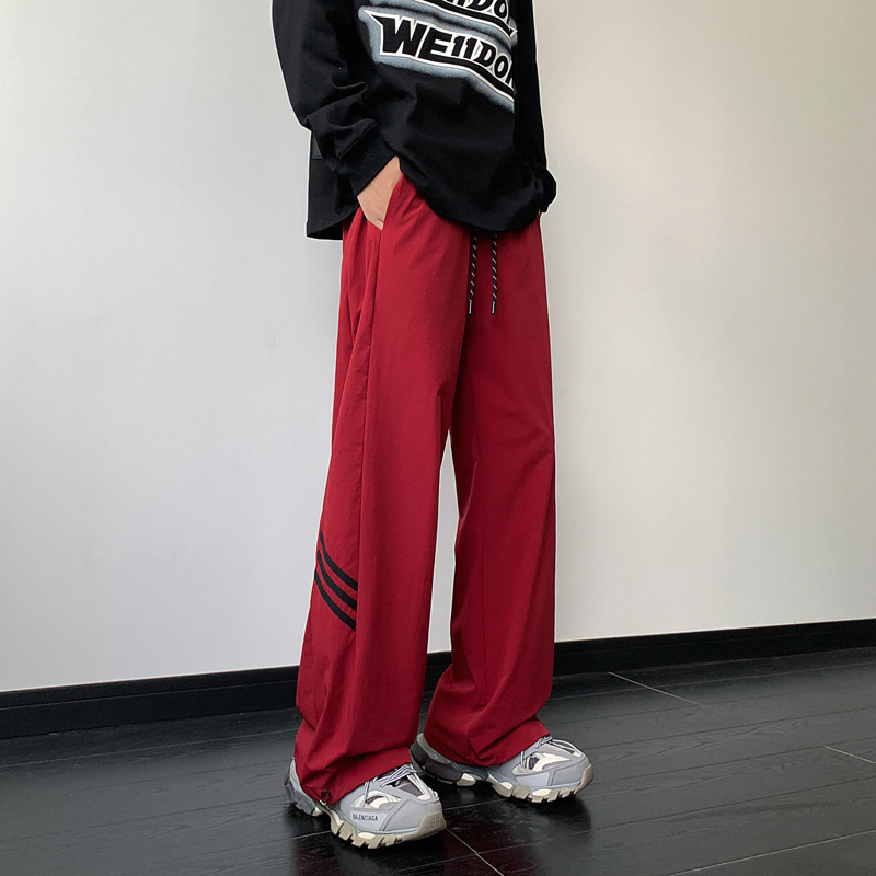 Muške sportske hlače s vezicom i prugama, opuštenog ravnog kroja, casual, Ice Silk tkanina, za proljeće i ljeto