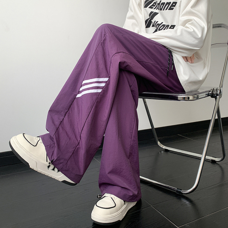 Muške sportske hlače s vezicom i prugama, opuštenog ravnog kroja, casual, Ice Silk tkanina, za proljeće i ljeto